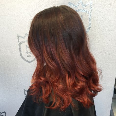 Copper Red Balayage Ombre by Wynter DePriest - Monarch Hair Co. Monarchhair.co Light Brunette Red Balayage, Brick Red Balayage, Dark Auburn Ombre Hair, Brown To Copper Ombre Hair, Balayage Brown To Red, Light Brown To Red Ombre Hair, Red Tip Hair Brown, Brown To Red Ombre Hair Short, Brown And Red Ombre Hair