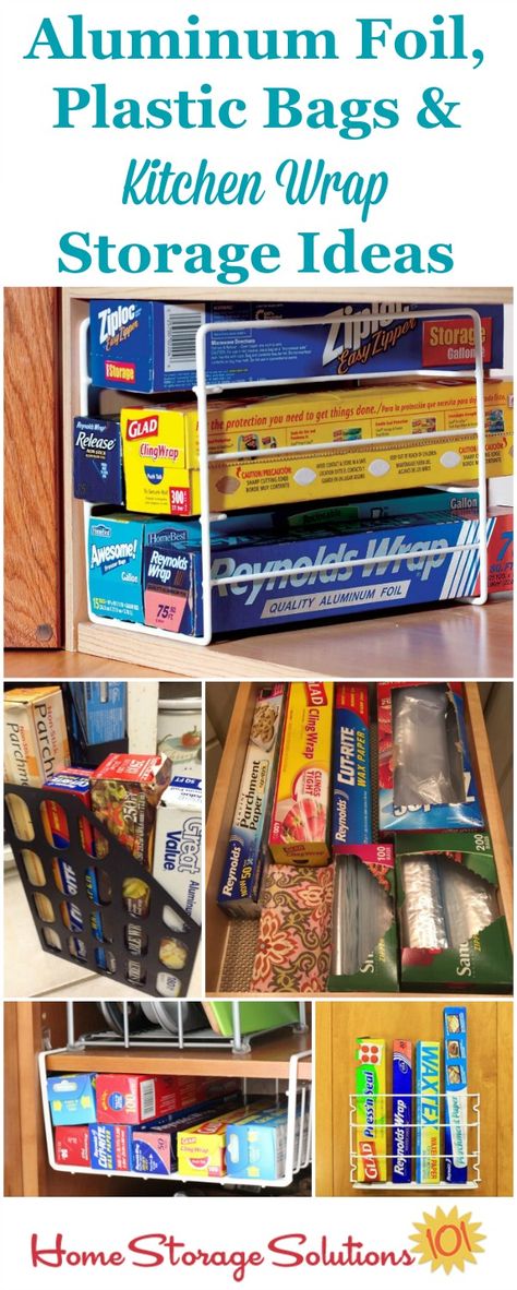 Aluminum foil, plastic bags and kitchen wrap storage and organization ideas for your kitchen, for drawers, inside cabinet doors, the wall, and in your pantry. {on Home Storage Solutions 101} Foil Storage Ideas, Foil Storage, Aluminum Foil Storage, Storage Organization Ideas, Kitchen Foil, Plastic Bag Storage, Kitchen Bag, Kitchen Wrap, Diy Organizer