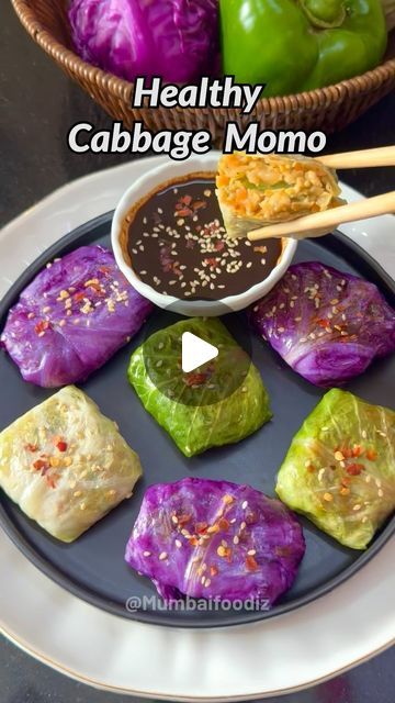 Ravika Thorat | Healthy and colorful cabbage momos wrapped in vibrant green and purple cabbage leaves. Packed with veggies and paneer, these momos are the... | Instagram Cabbage Momos, Purple Cabbage Recipe, Purple Cabbage Recipes, Veggie Rolls, Boiled Cabbage, Cabbage Wraps, Small Cabbage, Red Chili Sauce, Instagram Recipes