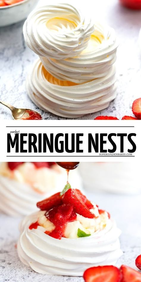 Pavlova Nests, Mini Pavlova Recipe, Pavlova Recipes, Meringue Nests, Nesting Party, Easy Meringues, Perfect Meringue, Mini Pavlovas, Strawberry Meringue