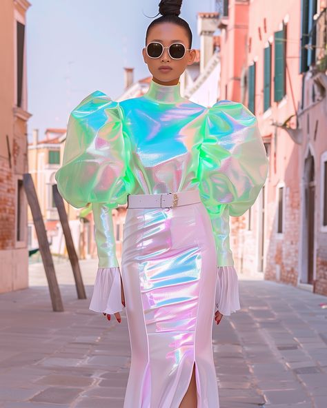 Ready to party in Venice 🇮🇹✨💖 #iridescent #fashionshow Unicorn Aesthetic, Futuristic Party, Ny Party, Iridescent Fashion, Dreamcore Aesthetic, Unicorn Fashion, Candy Design, Outfit Inspiration Women, Womens Trendy Dresses