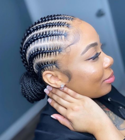 Feed-In Stitch Braids and Low Bun Braid Back Hairstyles, How To Bun, Straight Back Hairstyles, All Back Hairstyle, Small Cornrows, Straight Back Braids, Straight Back Cornrows, Cornrows Braids For Black Women, Tight Braids