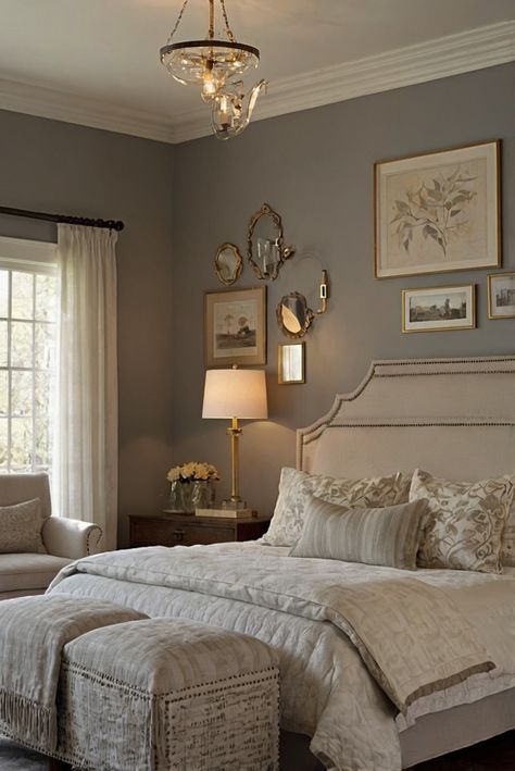 Lighting fixtures, Bedroom design, Interior lighting, Bedroom décor Classic Bedroom Colors, Bedroom Ideas Classic Style, White Furniture Bedroom Colour Schemes, Traditional Interior Design Bedroom, Decorated Bedroom, Living Room 2024, Cottage House Interior, Fall Bloxburg, Silver Strand