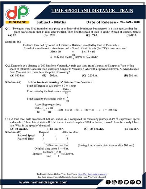 #DP | Time Speed And Distance - Train For IBPS Clerk Mains  | 09 - 01 - 18  http://www.mahendraguru.com/2018/01/dp-time-speed-and-distance-train-for.html Different Time Zones Long Distance, Midpoint And Distance Formula Activities, Speed Time Distance Formula, Speed Distance Time Math, Speed Distance Time, Distance Formula, Chemistry Education, Time Activity, Speed Of Sound