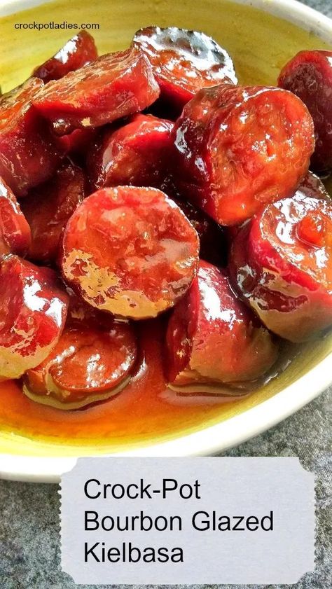 Crock-Pot Bourbon Glazed Kielbasa - Wow your party guests with this recipe for Slow Cooker Bourbon Glazed Kielbasa recipe! SO YUMMY and easy to make! | CrockPotLadies.com Kielbasa Appetizer, Kielbasa Bites, Kielbasa Recipe, South Your Mouth, Apricot Preserves, Crockpot Appetizers, Kielbasa Recipes, Kielbasa Sausage, Crockpot Dinners