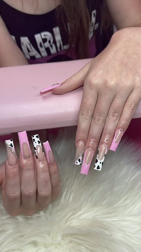 Pink And Cowprint Nails, Pink And Cow Nails, Cow Print Nails With Glitter, Cow Print Nails With Rhinestones, Cow Nails With Glitter, Cow Valentines Nails, Cowgirl Acrylic Nails, Cowgirl Print Nails, Pink Cow Print French Tip Nails