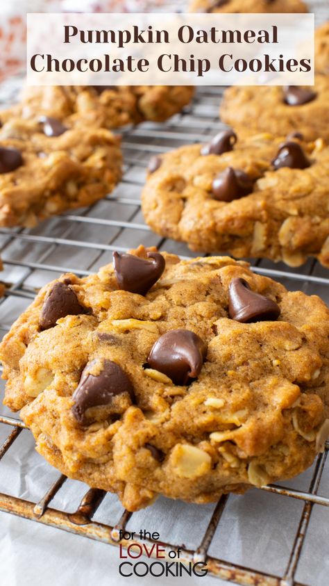 Thick and chewy pumpkin oatmeal chocolate chip cookies filled with hearty oats, a nice pumpkin flavor, a hint of spice, and lots of dark chocolate chips are decadent and delicious.  New Recipe ~ Pumpkin Oatmeal Chocolate Chip Cookies   Link: https://fortheloveofcooking.net/recipe/pumpkin-oatmeal-chocolate-chip-cookies   #recipe #cookies #pumpkinrecipes #pumpkincookies #fallbaking #chocolatechipcookies #chocolatechip  #easybaking #cookiebaking Pumpkin Chocolate Chip Cookies Easy, Pumpkin Oatmeal Chocolate Chip, Pumpkin Oatmeal Chocolate Chip Cookies, Soft Chewy Cookies, Oatmeal Chocolate Chip Cookie Recipe, Pumpkin Oatmeal Cookies, Chocolate Chip Cookies Ingredients, Chewy Cookies, Pumpkin Chocolate Chip Cookies