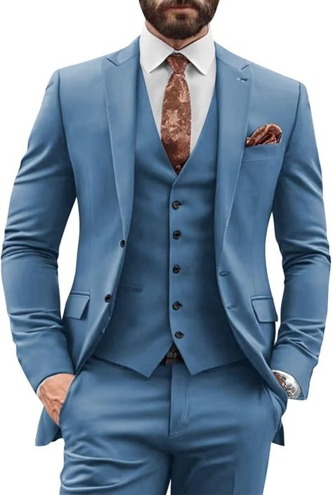 TIJOFA Burnt Orange 3 Piece Suits Slim Formal Suits for Men Regular Fit Men's Single Breasted Suits Sets Classic Peak Lapel Wedding Suits Long Sleeve Suits M at Amazon Men’s Clothing store Dusty Blue Wedding Suit, Dusty Blue Suit, Formal Suits For Men, Wedding Suits Men Blue, Lapel Wedding, Moab Wedding, Formal Suits Men, Men Suits Wedding, Single Breasted Suit