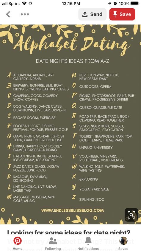 Abc Date Night Ideas, Abc Date Ideas, Abc Dates, Gf Things, Daughter Bonding, Alphabet Dating, Things To Do With Your Boyfriend, Relationship Journal, Progressive Dinner