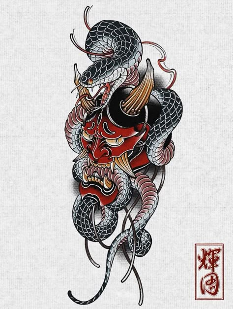 Hanya Mask With Snake Tattoo, Namahage Tattoo, Oni Snake Tattoo, Japanese Cobra Tattoo Design, Hanya Snake Tattoo, Hannya And Snake Tattoo, Hannya Snake Tattoo, Hanya Mask Tattoo Traditional, Oni Mask Tattoo Color