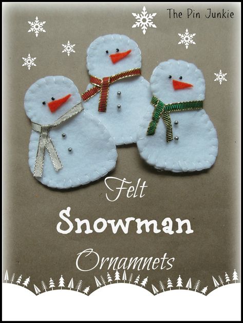 DIY Felt Christmas Snowmen Ornaments / How to> http://www.thepinjunkie.com/2012/12/felt-christmas-ornaments.html / - - Bookmark Your Local 14 day Weather FREE > www.weathertrends360.com/dashboard No Ads or Apps or Hidden Costs Diy Snowman Ornaments, Diy Schneemann, Baby Mobil, Felt Snowman, Felt Christmas Decorations, Snowman Christmas Ornaments, Diy Snowman, Snowman Ornament, Christmas Ornament Pattern