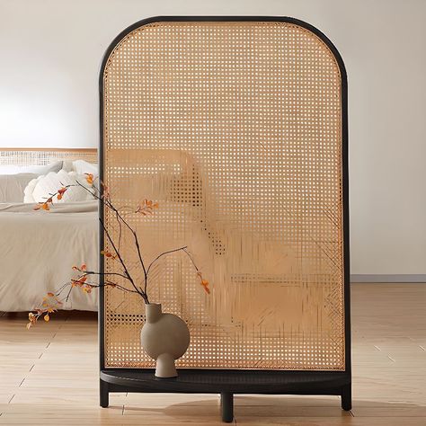 Simplistic Ink Frame Translucent Rattan 1 Panel Temporary Wall Divider with Shelf, Single Panel, 35.5"L x 18"W x 71"H Rattan Wall Panel, Temporary Wall Divider, Rattan Screen, Wall Divider, Brown Rooms, Space Dividers, Room Divider Walls, Room Divider Screen, Divider Screen