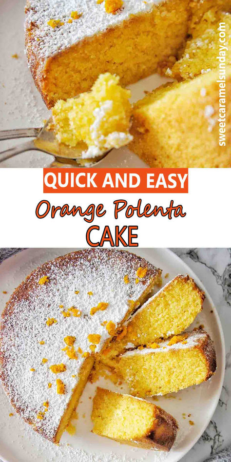 Polenta cake dusted with icing sugar cut into slices on white plate with spoon. There is text written between 2 images. Baumkuchen Recipe, Cornmeal Pudding, Orange Polenta Cake, Lemon Polenta, Lemon Polenta Cake, Cornmeal Recipes, Baked Polenta, Savory Bread Recipe, Polenta Cake