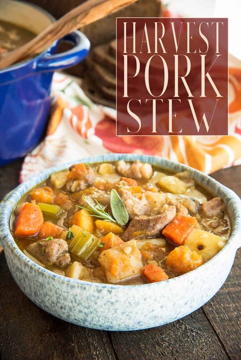 This comforting Harvest Pork Stew recipe has a rich broth with sweet and savory elements from hearty tubers like potatoes, sweet potato, boniato, and butternut squash. A deep stout beer adds a malty element to the stew that can't be beat. Freezer and make-ahead friendly as well. #porkstew #fallrecipe #stewrecipe #butternutsquashrecipes #sweetpotatorecipes #boniatorecipes #souprecipes #fallstew #maincourse #maindish #entree #warmweatherrecipe #dutchovenrecipes via @ediblesense Stew With Butternut Squash, Pork Stew Meat Recipes, Pork Stew Meat, Pulled Pork Chili, Pork Stew Recipes, Stew Meat Recipes, Pork Soup, Pork Stew, Hearty Comfort Food