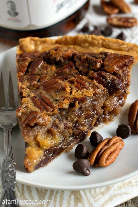 Chocolate Bourbon Pecan Pie - A Family Feast® Bourbon Pecan Pie Recipe, Chocolate Bourbon Pecan Pie, Pecan Desserts, Thanksgiving Desserts Table, Bourbon Pecan Pie, Pecan Pie Filling, Chocolate Bourbon, Chocolate Pecan Pie, Thanksgiving Pies