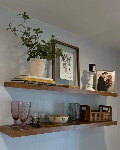 Shelf Behind Dining Table, How To Style Floating Shelves Dining Room, Breakfast Nook Floating Shelves, Floating Wood Shelves Dining Room, Shelf Decor Dining Room Wood Shelves, Dining Room Wall Decor Shelves, Shelf Above Sideboard, Dining Area Floating Shelves, Shelf On Large Wall