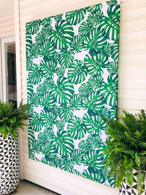 From Table to Wall – How to Create Easy Tablecloth Wall Art | Hometalk Large Outdoor Wall Art Patio, Outdoor Patio Art Wall Decor, Patio Wall Art Ideas, Outdoor Wall Art Ideas Backyards, Outdoor Wall Covering Ideas, Patio Artwork, Diy Outdoor Wall Decor, Outdoor Wall Art Ideas, Large Outdoor Wall Decor