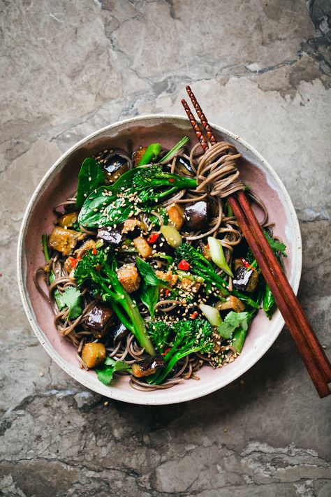 Soba Salad with Miso and Ginger Aubergine + Broccoli — Miso Aubergine, Soba Salad, Food Rainbow, Yummy Vegan Food, Tofu Noodles, Tenderstem Broccoli, Buckwheat Noodles, Easy Dinner Recipes Crockpot, Snack Platter