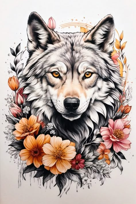 simple line tattoo, native wolf, flowers, bold line art, splash art, coloring page for adults, white background, bold lines, black and white Mixed Color And Black And White Tattoo Sleeve, Wolf Flower Tattoo Design, Wolf And Flowers Tattoo, Color Wolf Tattoo, Wolf With Flowers Tattoo, Wolf Flower Tattoo, Wolf Tattoo For Women, Bold Line Art, Wolf With Flowers