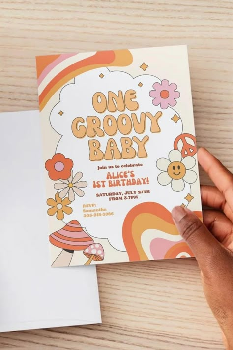 Groovy Birthday Party Printables, Flower Power Invitation, Flower Power 1st Birthday, Retro First Birthday Girl, One Groovy Girl Birthday, Two Groovy Invitation, Groovy Invitations, One Groovy Baby Birthday, Flower Power Birthday Party