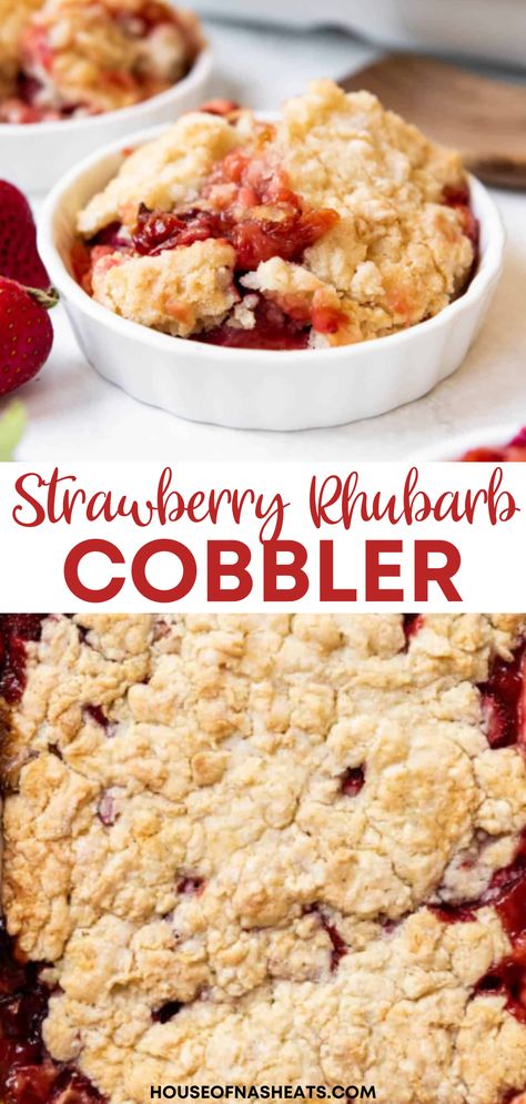 The sweet tart combination of strawberries and rhubarb is a perfect match-up in this Strawberry Rhubarb Cobbler. A buttery sweet biscuit topping is baked on top of a scrumptious filling made with fresh or frozen strawberries and rhubarb for an iconic summer dessert that is ready in under an hour! | strawberry rhubarb cobbler recipe | strawberry rhubarb cobbler recipes | strawberry rhubarb dessert ideas | strawberry rhubarb dessert recipes Strawberry Rhubarb Cobbler Pioneer Woman, Strawberry Rhubarb Kuchen, Strawberry Rhubarb Cobbler Easy, Rubarbe Cobbler, Rhubarb Cobbler Recipes, Rubarb Crumble, Strawberry Rhubarb Tarts, Strawberry Rhubarb Dessert, Strawberry Rhubarb Cheesecake