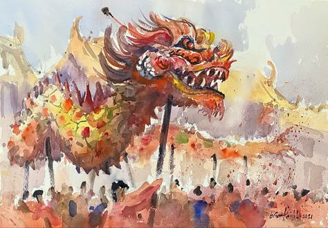 Chinese Dragon Dance, Chinese Background, Dragon Chino, Dancing Drawings, New Year Art, Chinese Art Painting, Watercolor Architecture, Dance Paintings, Dragon Dance