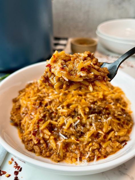 Ground Beef Recipes With Orzo, Ground Beef Recipes Dutch Oven, Orzo Recipes Beef, Orzo Beef Soup, Orzo With Ground Beef, Ground Chicken And Orzo, Orzo And Hamburger Recipes, Orzo Beef Recipes, Hamburger Orzo Recipes