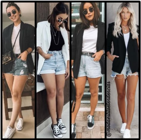 Look Blazer E Short, Short Branco Jeans, Blazer And Shorts Outfit, Look Short Jeans, Jeans Blazer Outfit, Jeans Formal, Blazer E Short, Looks Com Short, Jean Short Outfits