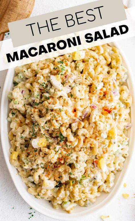 This classic Macaroni Salad Recipe is creamy, delicious, and super easy to make. Made with classic ingredients, including cooked elbow macaroni, hard-boiled eggs, crunchy celery, onions, and pickles, and dressed in a light and creamy mayo-based dressing, this fantastic pasta salad is the perfect summertime side dish for bbq's, picnics, and potlucks! Macaroni Dill Salad, Angel Hair Side Dish, Red White And Blue Pasta Salad, Jamaican Macaroni Salad, Mayo Based Pasta Salad, Cold Pasta Salad Recipes With Mayo, Hellmans Macaroni Salad Recipe, Macronie Salad Recipe Easy, Pasta Salad Recipe Mayo