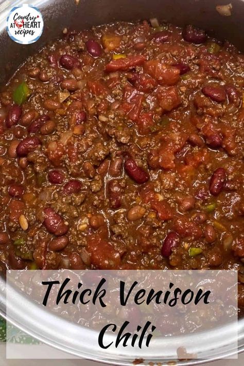 For the first 15 years of our marriage, our family practically lived on venison that my husband hunted, both deer and elk. After much trial and error, I learned the best recipes for using the roasts, steaks, and burger. This Thick Venison Chili recipe is one that uses ground venison burger. #thickvenisonchili #chili #venison #wildgame #deermeat #elkmeat #soup #heartymeal #beans #countryatheartrecipes https://countryatheartrecipes.com/2021/01/thick-venison-chili/ Deer Chilli Recipe, Ground Deer Recipes, Chili Country, Deer Chili Recipe, Venison Recipes Crockpot, Venison Meals, Deer Steak Recipes, Venison Sausage Recipes, Venison Chili Recipe