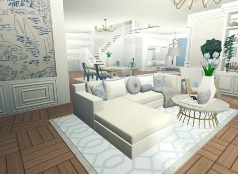 Coastal House Bloxburg Living Room, Aesthetic House Ideas Bloxburg, Living Room Bloxburg Coastal, 2 Story Beach House Bloxburg Layout, Coastal Living Room Ideas Bloxburg, Boo Burg Beach House, Bloxburg Room Coastal, Blocksburg Beach House Ideas, Coastal Bloxburg Laundry Room