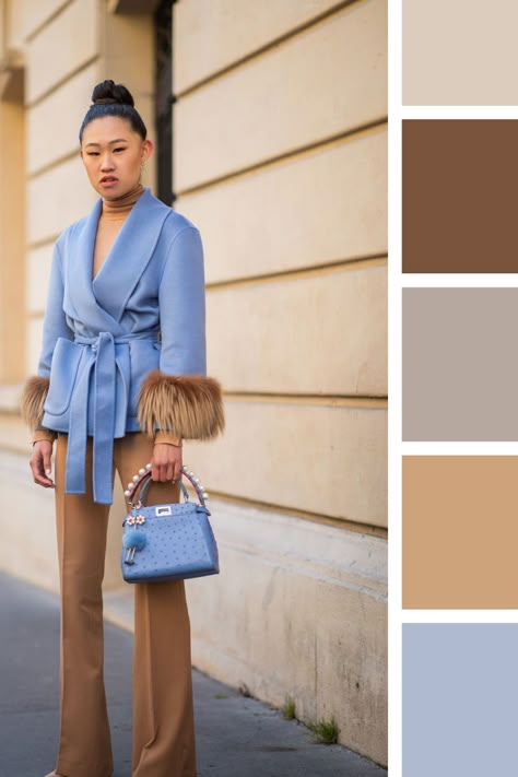 Light Brown Color Combination Outfit, Tan Clothes, Clothes Colour Combinations, Color Matching Clothes, Taupe Outfit, Sky Blue Blazer, Contrast Outfit, Tan Outfit, Colors Clothes