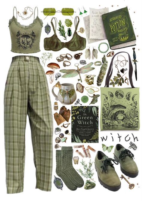 Whimsigoth Green Outfit, Witchy Librarian Aesthetic, Fairycore Aesthetic Outfits Summer, Cute Nature Outfits, Green Witch Style, Plant Inspired Outfits, Goblin Core Outfit Summer, Earthcore Outfits Aesthetic, Plantcore Outfits