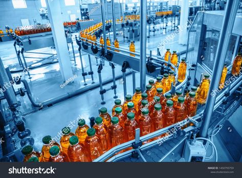 Conveyor belt, juice in bottles on beverage plant or factory interior in blue color, industrial production line, ton #Ad , #AFFILIATE, #beverage#plant#factory#bottles Manufacturing Factory Design, Plant App, Factory Interior, Food Manufacturing, Food And Beverage Industry, Manufacturing Factory, Conveyor Belt, Manufacturing Plant, Factory Design