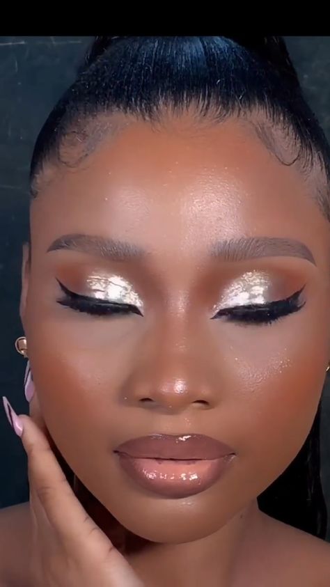 Silver Makeup Dark Skin, Makeup For All White Outfit Black Women, Classy Makeup Elegant Black Women, Silver Eyeshadow Looks Black Women, Iridescent Makeup Looks Black Women, Sliver Makeup Black Women, White Eyeshadow Looks Black Women, Nude Glam Makeup Black Women, White Makeup Looks Black Women