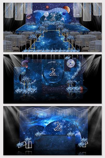 Wedding Stage Decorations Led Screen, Led Screen Stage Design Wedding, Galaxy Themed Wedding, Planet Wedding, Weeding Themes, Galaxy Constellation, Debut Theme, Blue Starry Sky, Starry Wedding