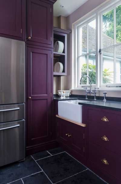 17 Purple Kitchen Cabinet Ideas | Sebring Design Build Classic Open Kitchen, Purple Pantry, Small Modern Kitchen Ideas, Scullery Kitchen, Purple Kitchen Cabinets, Open Kitchen Ideas, Kitchen Cabinet Color Schemes, Purple Cabinets, Kitchen Ideas Interior Design