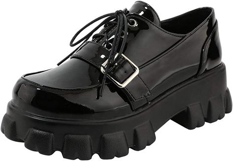 KOKOMOMO Womens Patent Leather Platform Oxfords Chunky Lace Up Goth Buckle Shoes Chunky Platform Loafers, Platform Oxford Shoes, Leather Oxfords Women, Dress Up Shoes, Oxford Platform Shoes, Low Cut Shoes, Goth Shoes, Fur Sneakers, Shoes Chunky