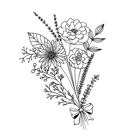 Hand Drawn Flower Bouquet Tattoo, Flower Bouquet Doodle, Simple Wildflower Bouquet Drawing, Bouqette Of Flowers Drawing, Linework Flower Bouquet, Bouquet With Bow, Bow Doodle, Spring Flowers Bouquet, Flower Bouquet Tattoo