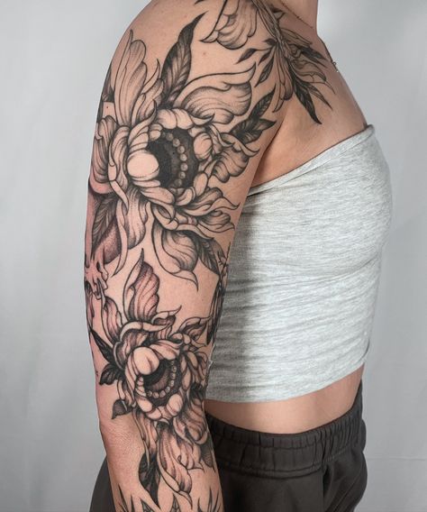 Peony floral half sleeve for Jessica. Healed lines and top floral, fresh shading in the bottom peony. Very happy to finally finish this one. 🖤 - - - #peony #blackwork #tattoo #illustrative #ornamental #floral #midwest #michigantattooers Peony Sleeve Tattoo, Ornamental Blackwork Tattoo, Floral Ornamental Tattoo, Floral Sleeve, Stick And Poke, Blackwork Tattoo, Skin Art, Blackwork, Half Sleeves