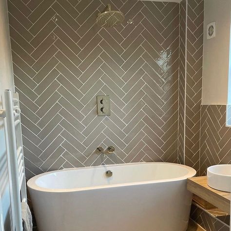 Light Grey Tiles, Main Bathroom Ideas, Modern Fixtures, Taupe Colour, Fawn Colour, Green Colours, Zellige Tile, Herringbone Design, Tile Companies