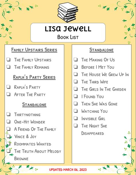 Reading Checklist, Lisa Jewell, Reading List Challenge, Note Taking Tips, Book Reading Journal, Tbr List, One Hit Wonder, Recommended Books, Recommended Books To Read