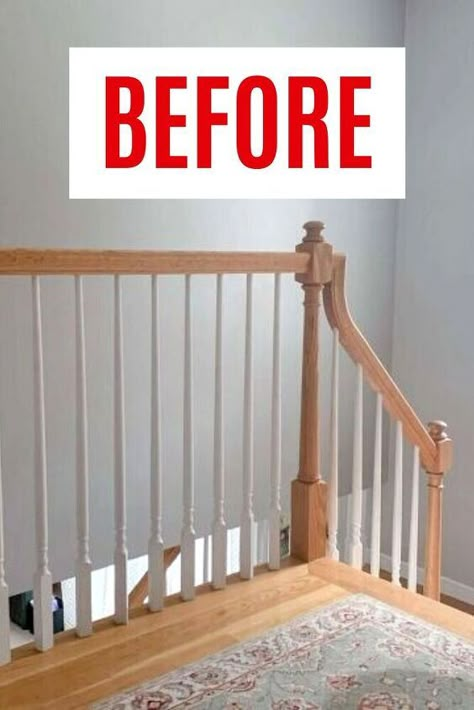 Paint Oak Staircase, Painting Oak Stair Railing, Painting Railings Banisters, 90s Staircase Makeover, Oak Staircase Ideas, Split Level Railing Ideas, Split Level Staircase Ideas, Update Staircase, Oak Staircase Makeover