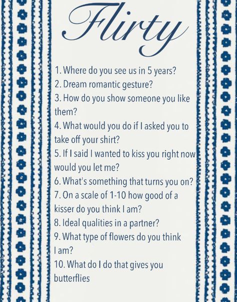 The question game is a game designed to spark conversation between friends. The game first starts off with someone asking the other player to choose a number (1-#). The first person then asks the player the question that corresponds to that number. Find out all the tea about your friends with this game of truth and of course, gossip! How To Start Romantic Conversation, Questions Games For Couples, How To Ask For Someones Phone Number, This Or That For Couples, Game With Boyfriend Ideas, Flirty Questions To Ask Your Crush, Situation Questions Game, Text Games For Couples, Questions To Ask Your Lover