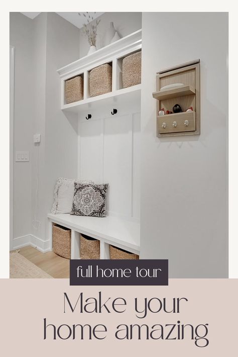 Entry Way Hooks And Bench, Mudroom Baskets Cubbies, Mudroom Inspiration, Custom Mudroom, Modern Living Room Black, Neutral Kitchen Designs, Transitional Open Concept, Contemporary Kitchen Backsplash, White Marble Shower