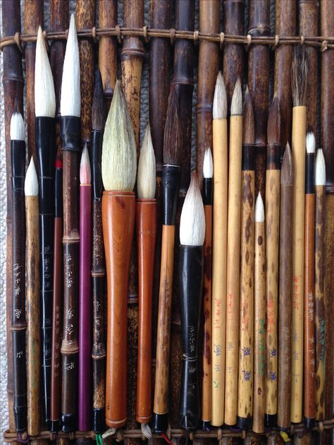 Chinese and Japanese calligraphy brushes; photo by N.D. Daniels Japanese Brush Painting, Drawing Items, Village Witch, Radium Girls, Calligraphy Supplies, Korean Writing, Bamboo Brush, Stationary Supplies, Chinese Brush