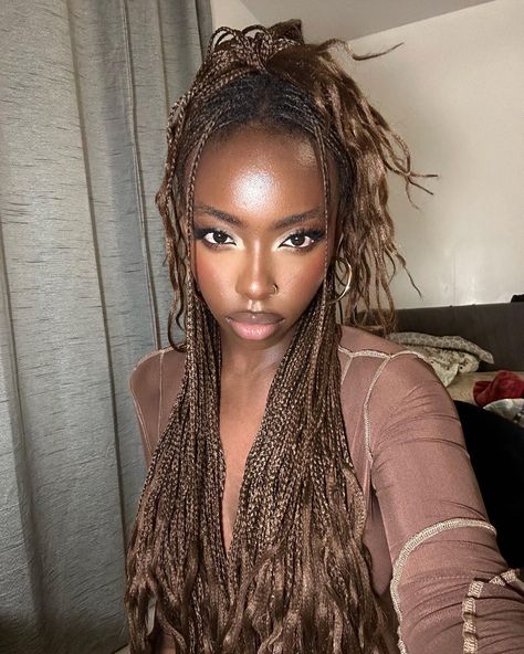 Dark Brown And Black Braids, Color 4 Box Braids, Light Brown Braids On Dark Skin, Colour 30 Braids On Dark Skin, Honey Blonde Braids On Dark Skin, Color 30 Braids On Dark Skin, Braided Hairstyles Brown, Dark Skin Blonde Braids, Braids Light Brown