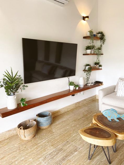 Tv Wall Side Shelves, Small Wall Mounted Tv Unit, Tv On A Shelf, Long Floating Shelf Under Tv, Wooden Floating Shelf Under Tv, Wall Mount Tv With Floating Shelves, Living Room Tv Wall Floating Shelves, Floating Tv Living Room Ideas, Float Shelf Under Tv