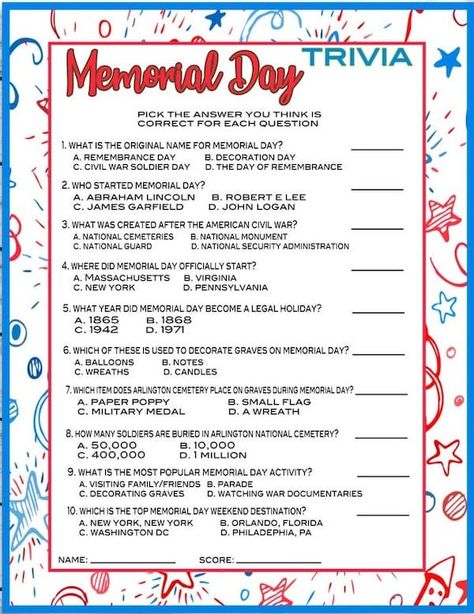 Memorial Day Trivia, Memorial Day Activities, Holiday Facts, Memorial Day Decorations, Printable Games For Kids, English Teaching Resources, Activity Director, Games Party, Senior Activities