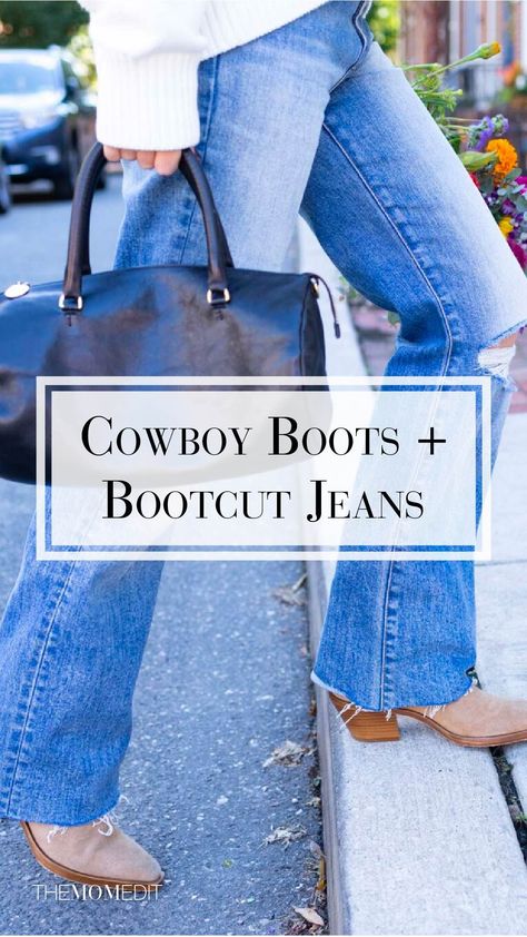 Cowboy Boots Straight Jeans, Western Boots And Jeans Women, How To Style Cowboy Boots Women Jeans, Cowboy Boots With Flare Jeans, Bootcut Jeans And Cowboy Boots Outfit, Bootcut Jeans With Cowboy Boots, Bootcut Jeans Cowboy Boots Outfit, Style Cowboy Boots Women Winter, Western Outfits Women Jeans Cowboy Boots